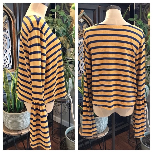 Loveriche mustard & navy strip bell sleeve top - Picture 7 of 8